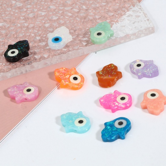 Picture of Resin Religious Spacer Beads Hamsa Symbol Hand Multicolor Evil Eye Pattern Foil About 14mm x 12mm, Hole: Approx 1.4mm, 2 PCs