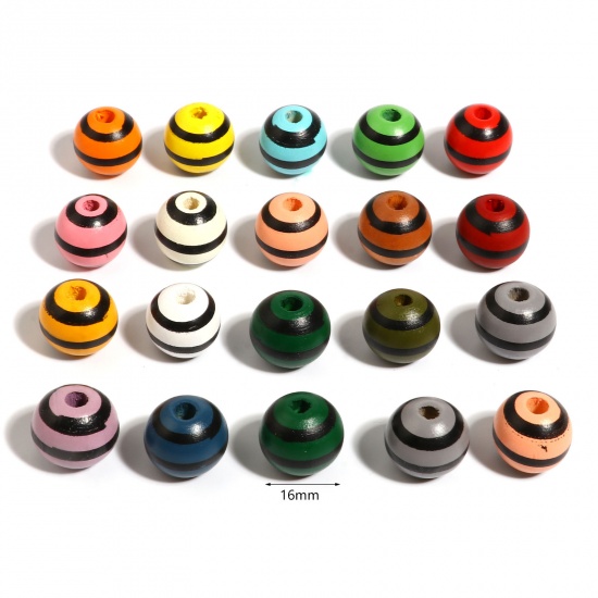 Picture of Wood Spacer Beads Round Multicolor Stripe About 16mm Dia., Hole: Approx 4.5mm - 3.6mm, 20 PCs