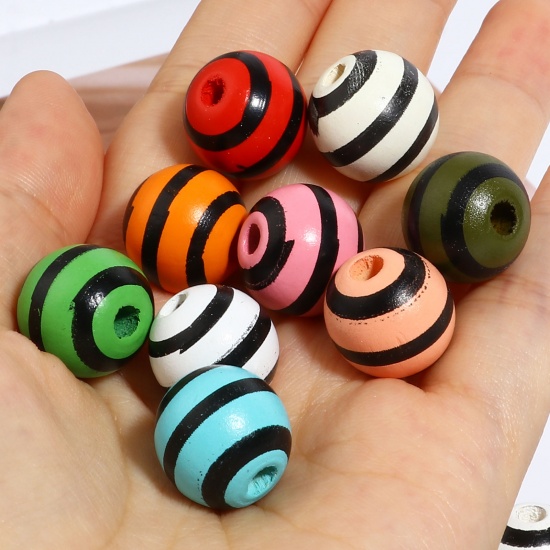 Picture of Wood Spacer Beads Round Multicolor Stripe About 16mm Dia., Hole: Approx 4.5mm - 3.6mm, 20 PCs