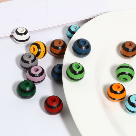 Immagine di Legno Separatori Perline Tondo Multicolore Striscia Disegno Circa: 16mm Dia, Foro: Circa 4.5mm - 3.6mm, 20 Pz