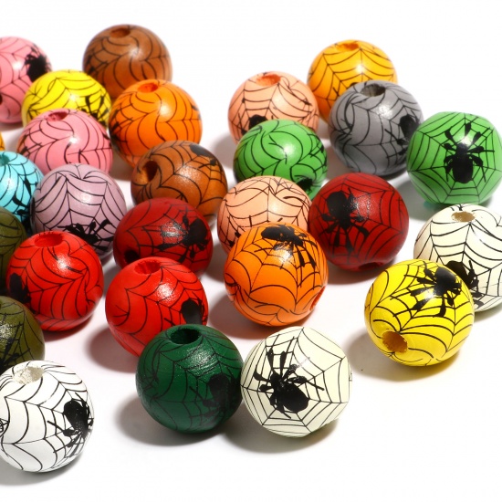 Picture of Wood Spacer Beads Round Multicolor Halloween Spider About 16mm Dia., Hole: Approx 4.5mm - 3.6mm, 20 PCs