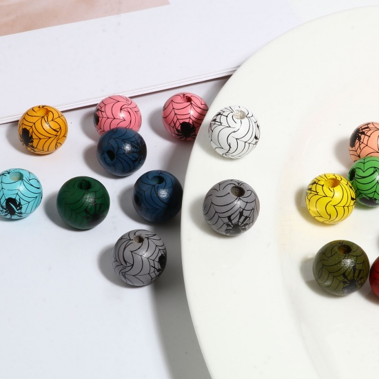 Picture of Wood Spacer Beads Round Multicolor Halloween Spider About 16mm Dia., Hole: Approx 4.5mm - 3.6mm, 20 PCs