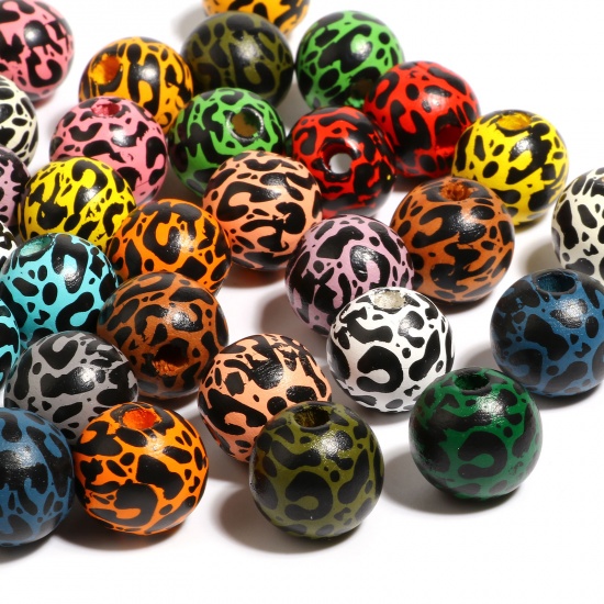 Picture of Wood Spacer Beads Round Multicolor Leopard Print About 16mm Dia., Hole: Approx 4.5mm - 3.6mm, 20 PCs