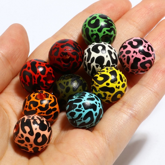 Picture of Wood Spacer Beads Round Multicolor Leopard Print About 16mm Dia., Hole: Approx 4.5mm - 3.6mm, 20 PCs