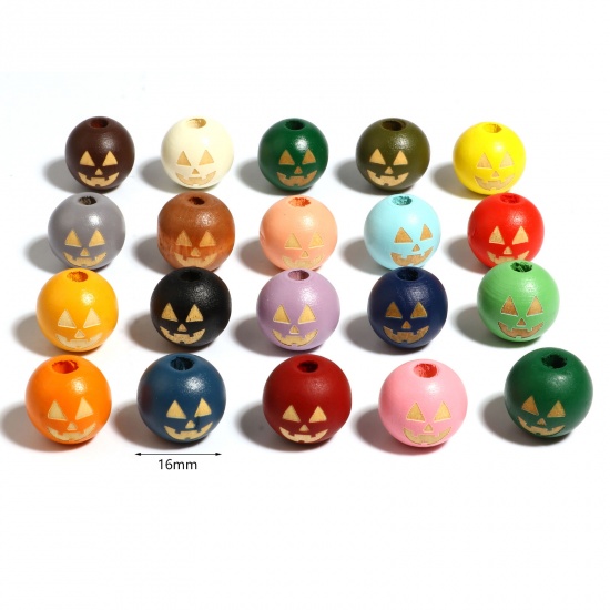 Immagine di Legno Separatori Perline Tondo Multicolore Halloween Zucca Disegno Circa: 16mm Dia, Foro: Circa 4.5mm - 3.6mm, 20 Pz