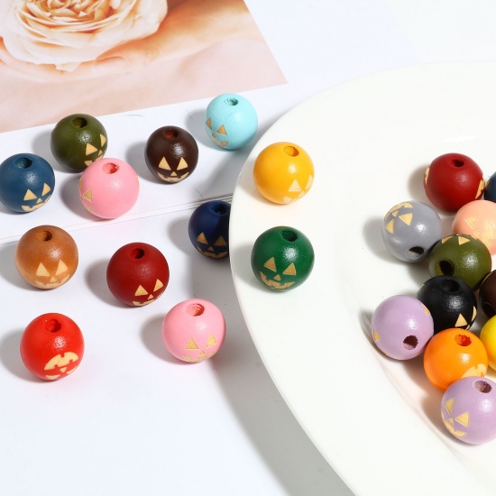 Picture of Wood Spacer Beads Round Multicolor Halloween Pumpkin About 16mm Dia., Hole: Approx 4.5mm - 3.6mm, 20 PCs