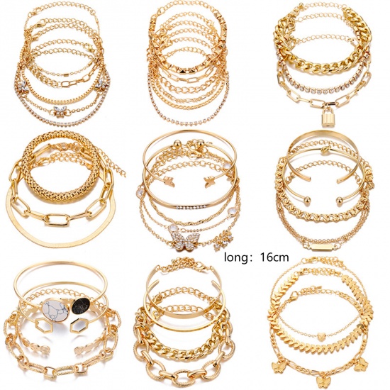 Picture of Bracelet Set Gold Plated Geometric 17cm(6 6/8") - 16cm(6 2/8") long, 1 Set ( 5 PCs/Set)