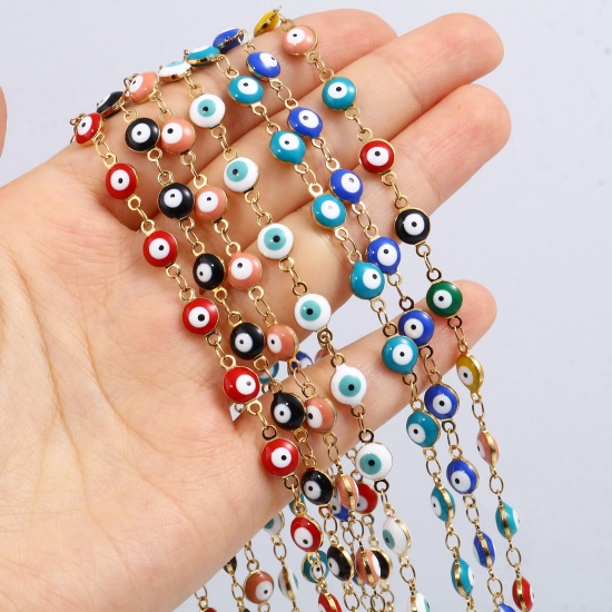 Picture of Stainless Steel Religious Necklace Round Evil Eye Gold Plated Multicolor Enamel 50cm(19 5/8") long, 1 Piece