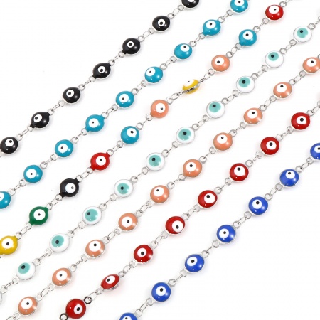 Stainless Steel Religious Necklace Round Evil Eye Silver Tone Multicolor Enamel 50cm(19 5/8") long, 1 Piece