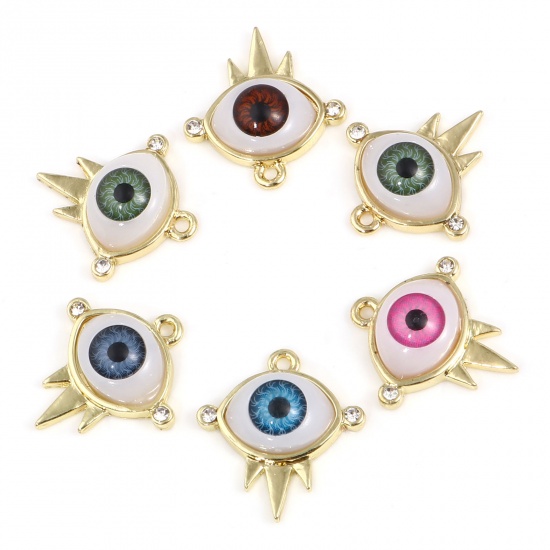 Picture of Zinc Based Alloy & Acrylic Religious Charms Evil Eye Gold Plated Brown Clear Rhinestone 22mm x 20mm, 10 PCs