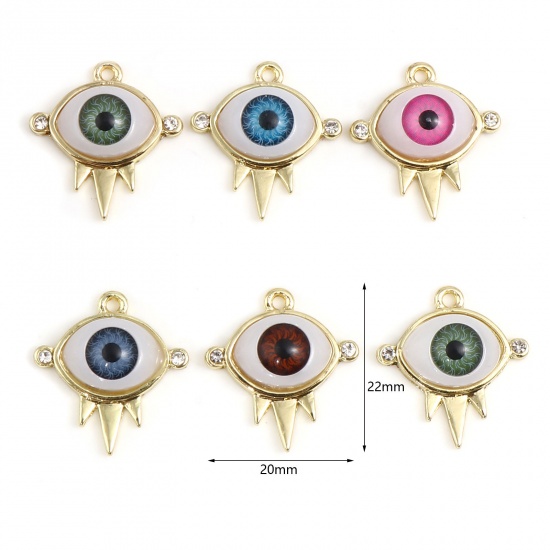 Picture of Zinc Based Alloy & Acrylic Religious Charms Evil Eye Gold Plated Brown Clear Rhinestone 22mm x 20mm, 10 PCs