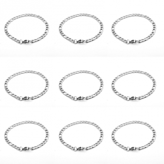 Picture of Stainless Steel 3:1 Figaro Link Chain Bracelets Silver Tone 25cm(9 7/8") long, 1 Piece