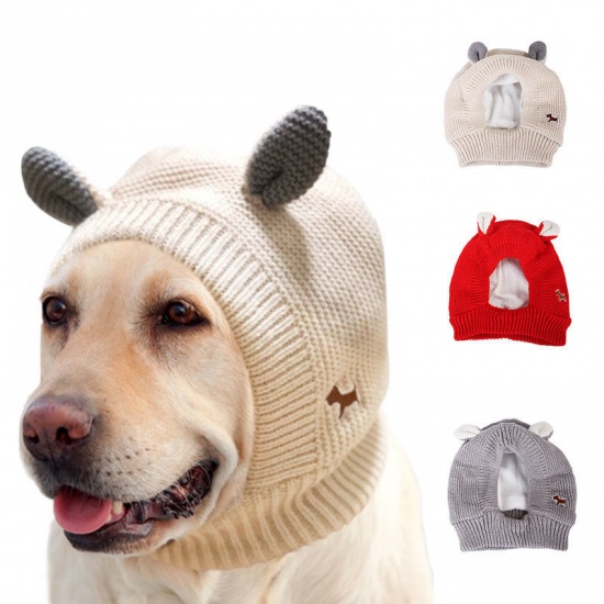 Immagine di Beige - Acrylic Wool Knitted Rabbit Ear Warm Cap Cute Cat Dog Pet Accessories 24x19cm, 1 Piece