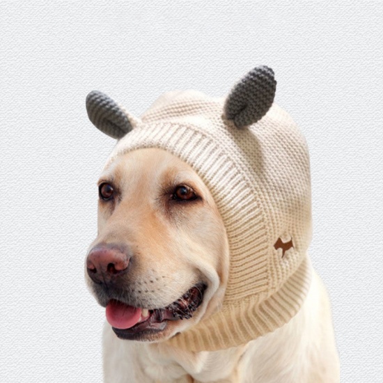Picture of Beige - Acrylic Wool Knitted Rabbit Ear Warm Cap Cute Cat Dog Pet Accessories 24x19cm, 1 Piece