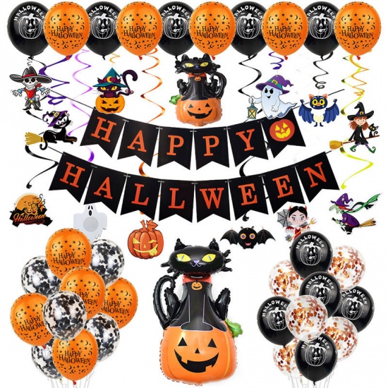 Изображение Orange - 5# Aluminium Foil & Latex Balloon Banner Happy Halloween Party Decorations, 1 Set
