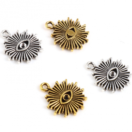 Picture of Zinc Based Alloy Religious Charms Sun Gold Tone Antique Gold Evil Eye (Can Hold ss7 Pointed Back Rhinestone) 17mm x 15mm, 20 PCs