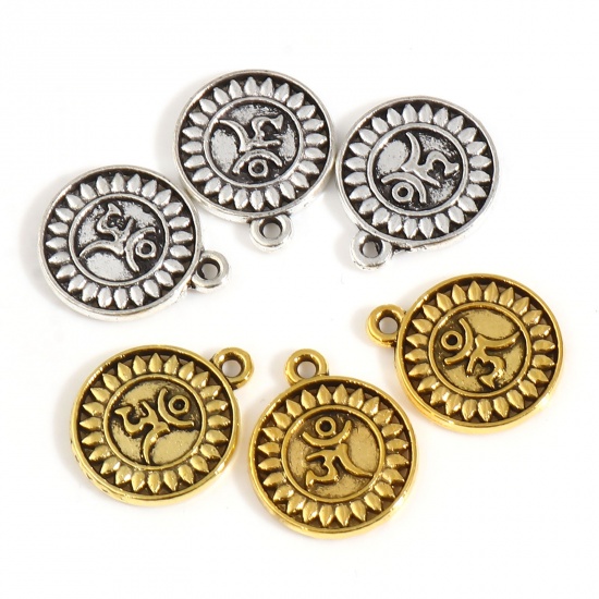 Immagine di Lega di Zinco Charms Tondo Oro Antico Fiore 15.5mm x 13mm , 20 Pz