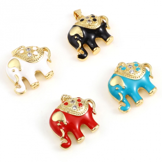 Imagen de 1 Unidad Latón Colgantes Charms Chapado en Oro Multicolor Elefante Esmalte Claro Circón Artificial 24mm x