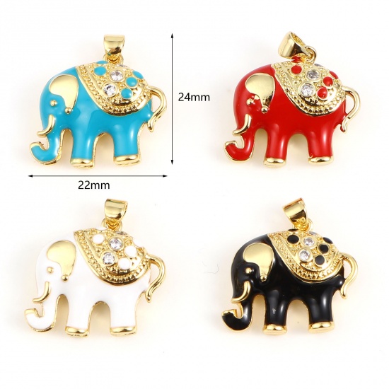 Imagen de 1 Unidad Latón Colgantes Charms Chapado en Oro Multicolor Elefante Esmalte Claro Circón Artificial 24mm x