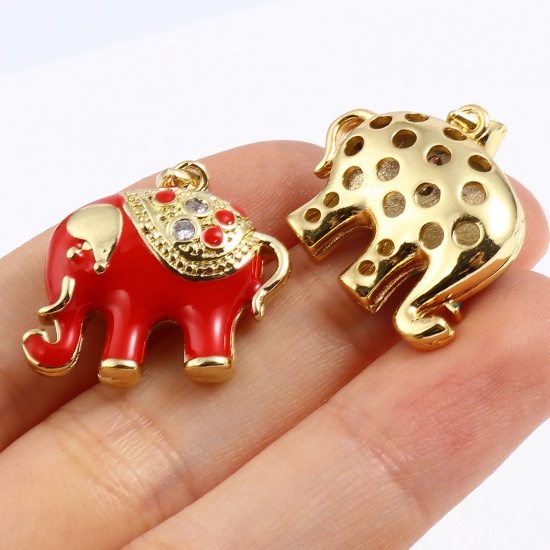 Imagen de 1 Unidad Latón Colgantes Charms Chapado en Oro Multicolor Elefante Esmalte Claro Circón Artificial 24mm x