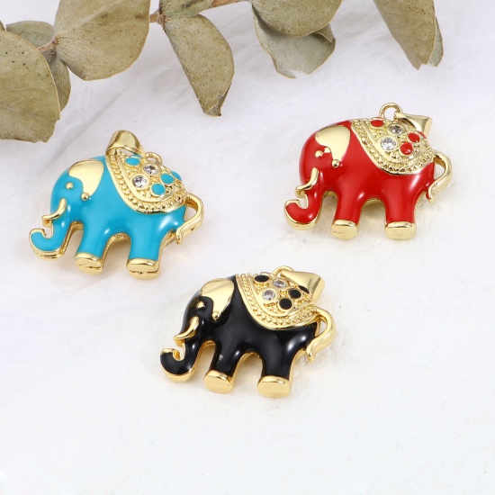 Imagen de 1 Unidad Latón Colgantes Charms Chapado en Oro Multicolor Elefante Esmalte Claro Circón Artificial 24mm x