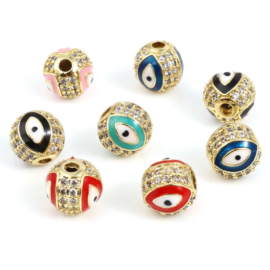 Picture of Brass Religious Beads Round Gold Plated Multicolor Evil Eye Clear Rhinestone Micro Pave About 10mm Dia, Hole: Approx 2.4mm, 1 Piece                                                                                                                           