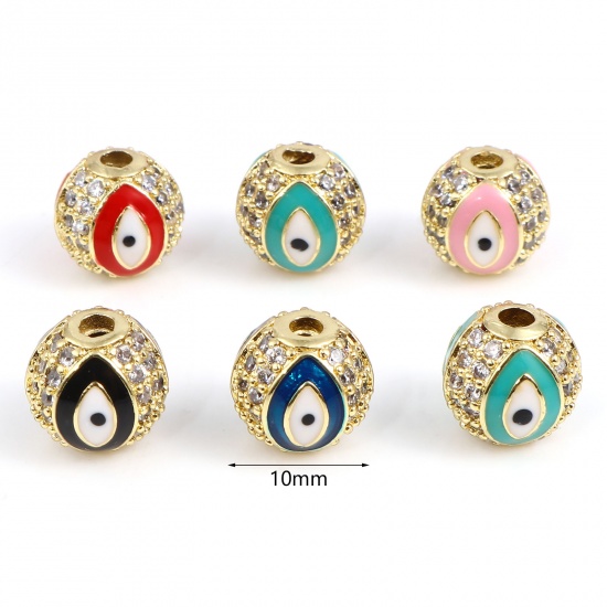 Picture of Brass Religious Beads Round Gold Plated Multicolor Evil Eye Clear Rhinestone Micro Pave About 10mm Dia, Hole: Approx 2.4mm, 1 Piece                                                                                                                           