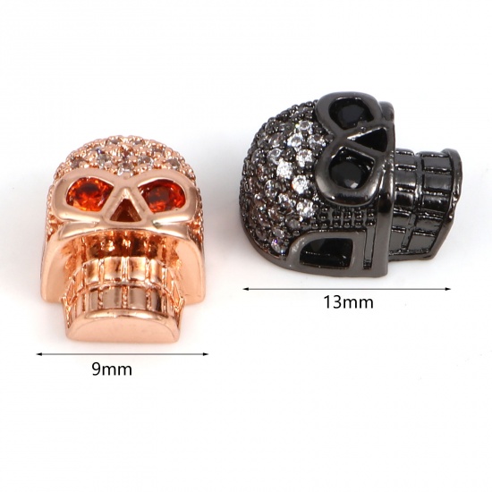 Picture of Brass Halloween Beads Skull Multicolor Micro Pave About 13mm x 9mm, Hole: Approx 2.3mm, 2 PCs                                                                                                                                                                 