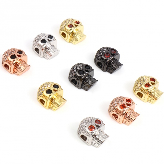 Picture of Brass Halloween Beads Skull Multicolor Micro Pave About 13mm x 9mm, Hole: Approx 2.3mm, 2 PCs                                                                                                                                                                 
