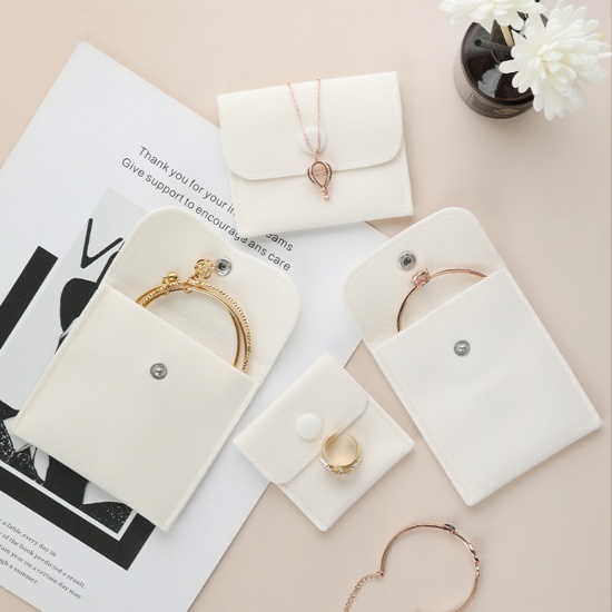 Picture of Velvet Jewelry Bags Creamy-White 10cm x 10cm, 1 Piece