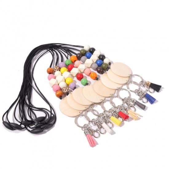 Picture of Wood & Polyester Beaded Lanyard with ID Holder and Key Chain Super Cute Lanyard Christmas Necklace White Round 48.5cm, 1 Piece