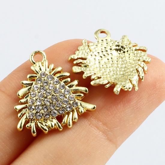 Picture of Zinc Based Alloy Micro Pave Charms Rectangle Gold Plated Petaline Clear Rhinestone 22mm x 15mm, 5 PCs