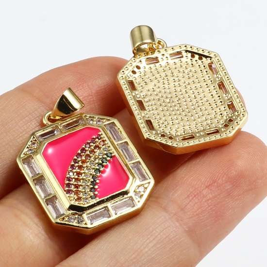 Picture of Brass Weather Collection Charm Pendant Gold Plated Multicolor Polygon Enamel Multicolor Rhinestone Clear Cubic Zirconia 28mm x 18mm