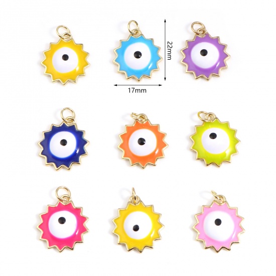 Picture of Brass Religious Charms Gold Plated Multicolor Sun Evil Eye Enamel 22mm x 17mm, 1 Piece                                                                                                                                                                        