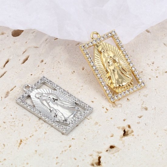 Image de Breloques Religieux en Laiton Rectangle Multicolore Jésus à Strass Transparent 1 Pièce