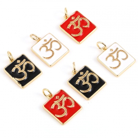 Breloques Religieux en Laiton Rectangle Multicolore Symbole OM/ Aum 2 Pcs