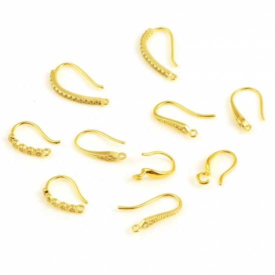Picture of Brass Ear Wire Hooks Earring 18K Real Gold Plated U-shaped W/ Loop Clear Rhinestone 2 PCs                                                                                                                                                                     