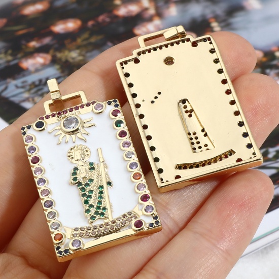 Picture of 1 Piece Brass Religious Pendants 18K Real Gold Plated Multicolor Rectangle Micro Pave