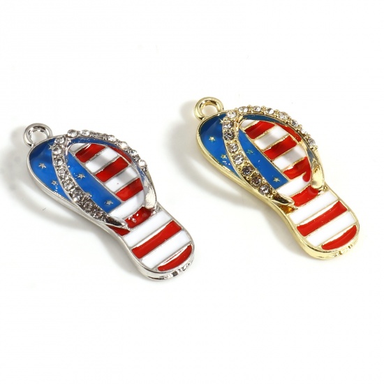Picture of Zinc Based Alloy Sport Pendants Flip Flops Slipper Multicolor Flag Of The United States Clear Rhinestone 33mm x 12mm, 5 PCs