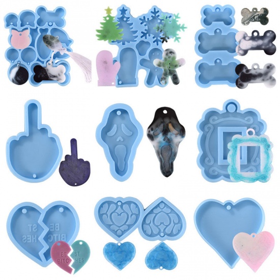 Picture of Silicone Resin Mold For Jewelry Making Pet Dog Tag Keychain Heart Blue 7.2cm x 7.2cm, 1 Piece