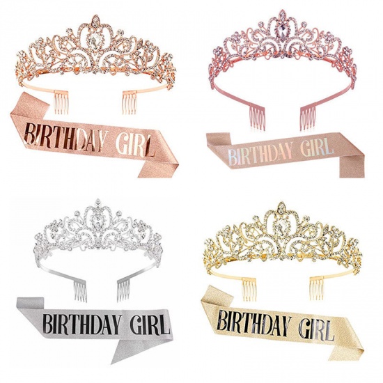 Picture of Silver - 5# Birthday Queen Glitter Sash & Rhinestone Tiara For Women Birthday Party Favors, 1 Set