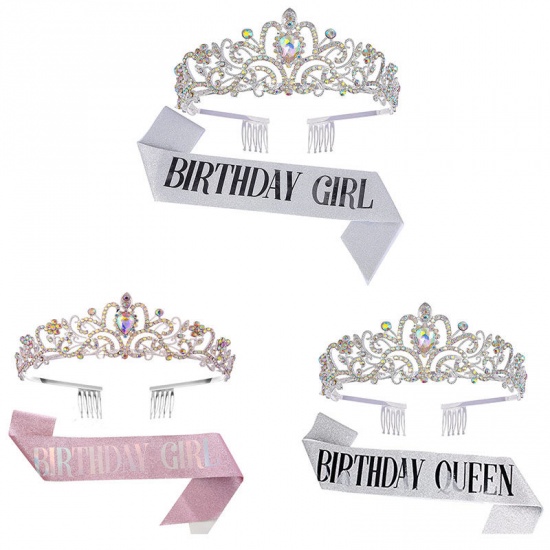 Picture of Silver - 5# Birthday Queen Glitter Sash & Rhinestone Tiara For Women Birthday Party Favors, 1 Set