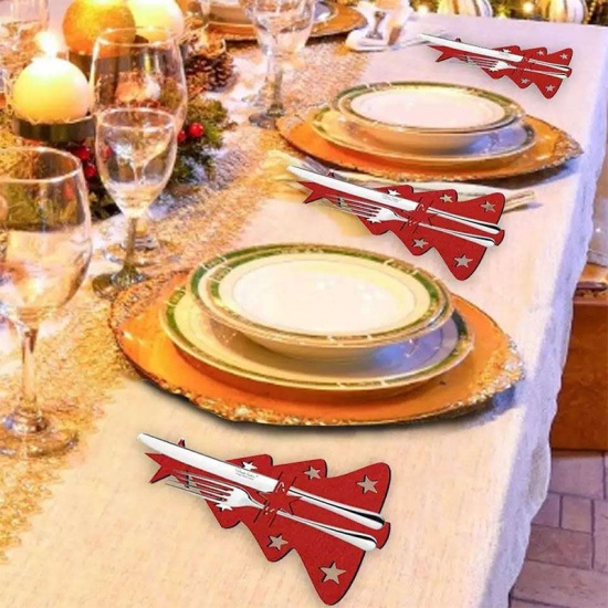Picture of Green - 12# Christmas Tree Nonwoven Knife And Fork Cover Holder Dinner Table Decoration 20x20cm, 4 PCs