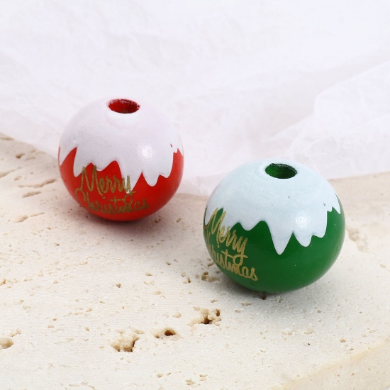 Picture of Wood Spacer Beads Round Multicolor Message " Merry Christmas " About 20mm Dia., Hole: Approx 4.1mm, 20 PCs