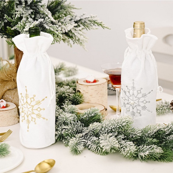 Immagine di Silver - 2# Polyester Christmas Snowflake Wine Bottle Cover Holder Bag Dinner Table Decoration 30x14cm, 1 Piece