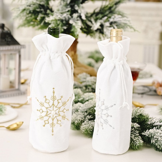 Picture of Silver - 2# Polyester Christmas Snowflake Wine Bottle Cover Holder Bag Dinner Table Decoration 30x14cm, 1 Piece