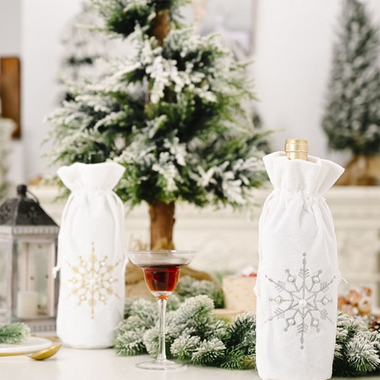Bild von Silbrig - 2# Polyester Weihnachten Snowflake Weinflasche Abdeckung Halter Tasche Abendessen Tischdekoration 30x14cm, 1 Piece