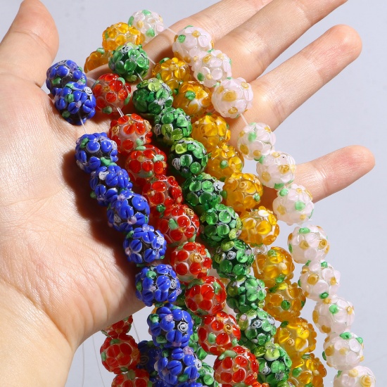 Picture of Lampwork Glass Beads Round Multicolor Flower About 13mm Dia, Hole: Approx 2.1mm, 2 PCs