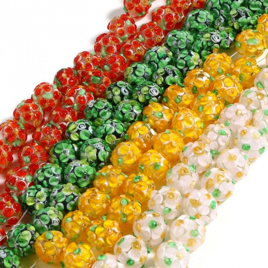 Picture of Lampwork Glass Beads Round Multicolor Flower About 13mm Dia, Hole: Approx 2.1mm, 2 PCs
