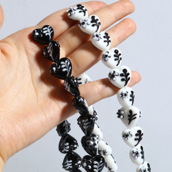 Picture of Lampwork Glass Beads Heart Black & White Flower Leaves About 16mm x 15mm, Hole: Approx 1.5mm, 5 PCs
